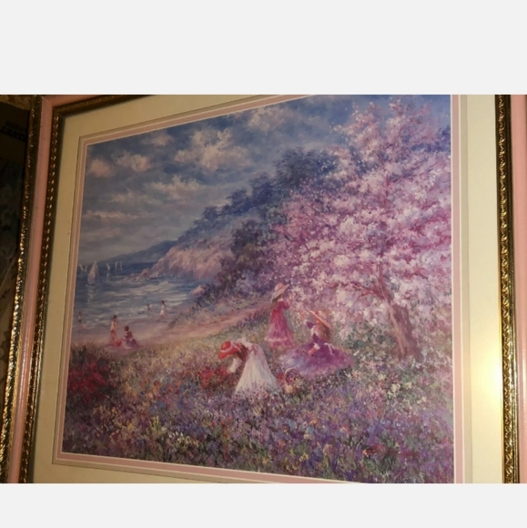 LARGE HOME INTERIOR PICTURE, KIDS AT THE BEACH, PINK & GOLD FRAME. 27.5" X 23.5" - Picture 10 of 10